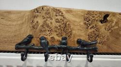 Handmade Solid Oak Burr Live Edge Coat Rack with Cast Iron Bird Hooks Rustic