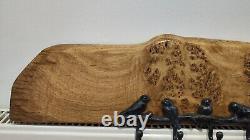 Handmade Solid Oak Burr Live Edge Coat Rack with Cast Iron Bird Hooks Rustic