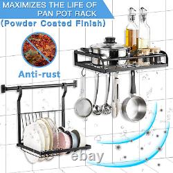 Hanging Pot Rack, 3 in 1 Wall Mounted Pan Holder with 10 Hooks, Heavy Duty Dish