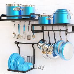 Hanging Pot Rack, 3 in 1 Wall Mounted Pan Holder with 10 Hooks, Heavy Duty Dish
