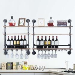 Industrial Pipe Shelf Bar Wine Rack Shelves Wall Mounted + Glass Bottle Holder