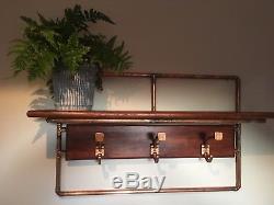 Industrial Style handcrafted Copper & Oak Wall Mounted coat rack & shelf