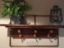 Industrial Style handcrafted Copper & Oak Wall Mounted coat rack & shelf