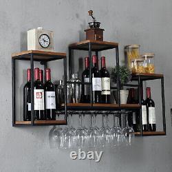 Industrial Wall Mounted Wine Rack Metal Wood Bottle Storage Display Self Bar