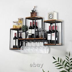 Industrial Wall Mounted Wine Rack Metal Wood Bottle Storage Display Shelf Bar