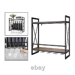 Industrial Wine Racks Wall Mounted with 5 Stem Glass Holder Iron 2 Tiers