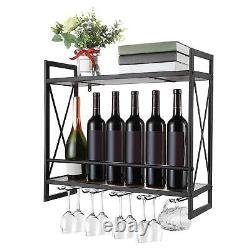 Industrial Wine Racks Wall Mounted with 5 Stem Glass Holder Iron 2 Tiers
