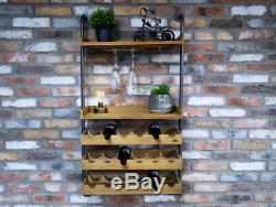 Industrial Wine Wall Unit Bar Rack Shelves Holder Home Pubs Metal Wood Storage