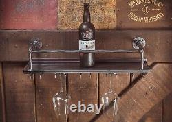 Industrial wine rack wall mounted with glass holders