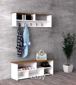 KayRana Venice White/Oak Hallway Shoe Cabinet & Wall mounted Coat Rack Set