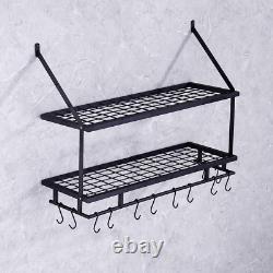 Kitchen 30 Inches Wall Mounted Pot Pan Rack Wall with 12 Hooks 2 Tiers, Matte Bl