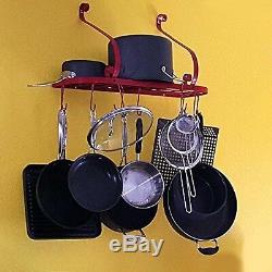 Kitchen Pot Pan Rack Shelf Wall Mounted Utensil Holder Hanger Bar w 10 Hooks Red