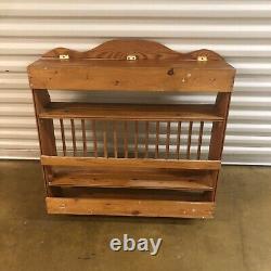 Large Vintage Pine Wooden Plate Rack Wall Mounted Homemade With Cup Hooks