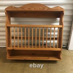 Large Vintage Pine Wooden Plate Rack Wall Mounted Homemade With Cup Hooks