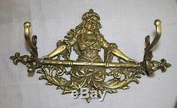 Large vintage solid brass figural maid wall mount hook hanger hat coat rack