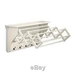 Laundry Room Wall Mount Clothes Drying Rack ACCORDIAN Shelf Hooks Antique white
