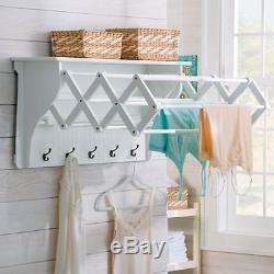 Laundry Room Wall Mount Clothes Drying Rack ACCORDIAN Shelf Hooks Classic White
