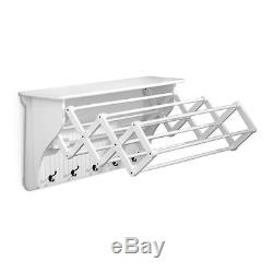 Laundry Room Wall Mount Clothes Drying Rack ACCORDIAN Shelf Hooks Classic White