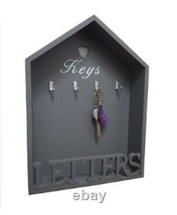 Letter Rack & Key Holder Silver Keys Hooks Letter Storage Wall Mounted Grey Gift