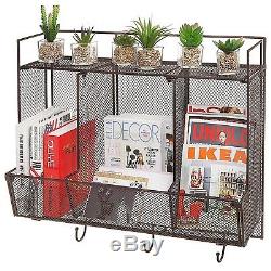 Magazine Rack Wall Mount Storage Basket Shelf Wire Mesh 3 Compartment 3 Hook New