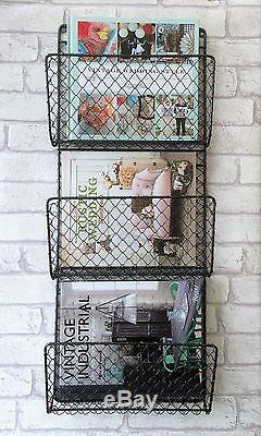 Metal Wire Magazine Newspaper Rack Industrial Style Wall Storage Baskets 2 Sizes