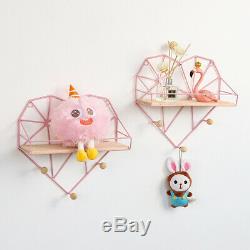 Metal Wire Wooden Wall Shelf Rack Heart Shape Basket With Hooks Hanging Shelves