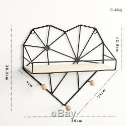 Metal Wire Wooden Wall Shelf Rack Heart Shape Basket With Hooks Hanging Shelves