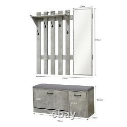 Modern Coat Rack 5 Hooks Stand Shoe Storage Bench Organiser with Mirror Grey