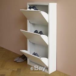 Modern Tall Slim 3 Tier Shoes Storage Cabinet Cupboard Rack Wood Hallway White