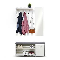 Modern White Coat Rack 5 Hooks Stand Shoe Bench Storage Organiser with Mirror
