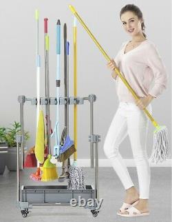 Mop Brush Broom Organizer Hanger Holder Storage Rack Movable Carts Cleaning Tool