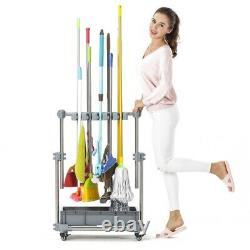 Movable Mop Broom Holder Cart Floor Stand Cleaning Tool Rack Stainless