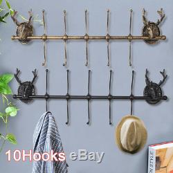NEW 10 Hooks Wall Mounted Coat Hat Clothes Rack Hook Cast Iron Stag Head Hanger