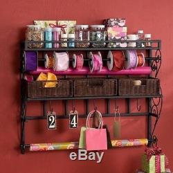 NEW Large Craft Storage Rack Wall Mount Shelf 3 Baskets Bins 5 Hooks Ribbon Roll