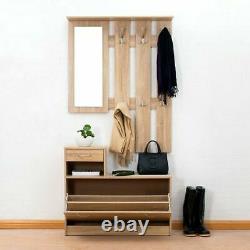 Oak Shoe Storage Coat Hanger Rack Drawer Storage With Mirror Home Furniture Unit