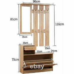 Oak Shoe Storage Coat Hanger Rack Drawer Storage With Mirror Home Furniture Unit