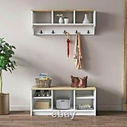 P&W Wooden Coat Rack With Shoe Storage & Wall Mounted Coat Stands For Hallway