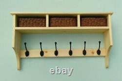 Pine coat rack shelf with 3 storage baskets and 6 hat and coat hooks