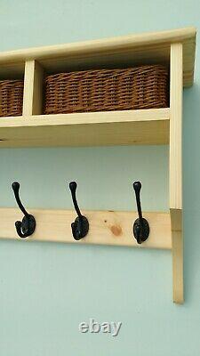 Pine coat rack shelf with 3 storage baskets and 6 hat and coat hooks