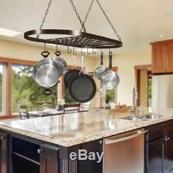 Pot Pan Rack Ceiling Wall Mounted Oval Shelf Hanging Kitchen + 10 Hooks Cookware
