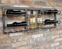 Reclaimed Rustic Industrial Metal Wall Wine Rack Glass Holder Home Pub Bar Gift