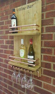 Reclaimed Wood and Copper Pipe Personalised Wine Bar with Glass Rack