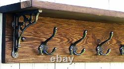 Reclaimed look wood Coat&Hat Rack with shelf and shelf support brackets, jacobean