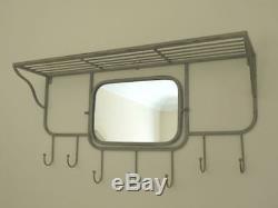 Retro Style Rustic Grey Finish Wall Mounted Hook Rack / Storage Shelf / Mirror