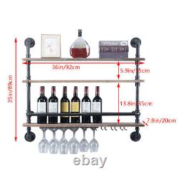 Retro Wine Bottles Rack Black Metal Wall Mounted Storage Shelf with Glass Holder