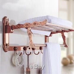 Rose Gold Folding Bathroom Towel Rack Wall Mount Towel Rail Bar Holder WithHooks