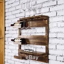 Rustic Burnt Wood Wall Mounted Glass Wine Liquor Holder Rack Storage Organizer