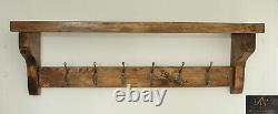 Rustic Coat & Hat Rack & Shelf Solid Wood Dark Oak Handmade 6 Antique Hooks 80cm
