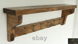 Rustic Coat & Hat Rack & Shelf Solid Wood Dark Oak Handmade 6 Antique Hooks 80cm