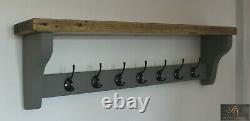 Rustic Coat Rack & Shelf Solid Wood Medium Oak & Farrow & Ball Moles Breath 80cm